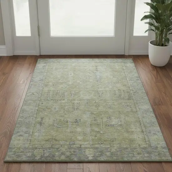 Artichoke Green And Gray Oriental Washable Area Rug With UV Protection Photo 2