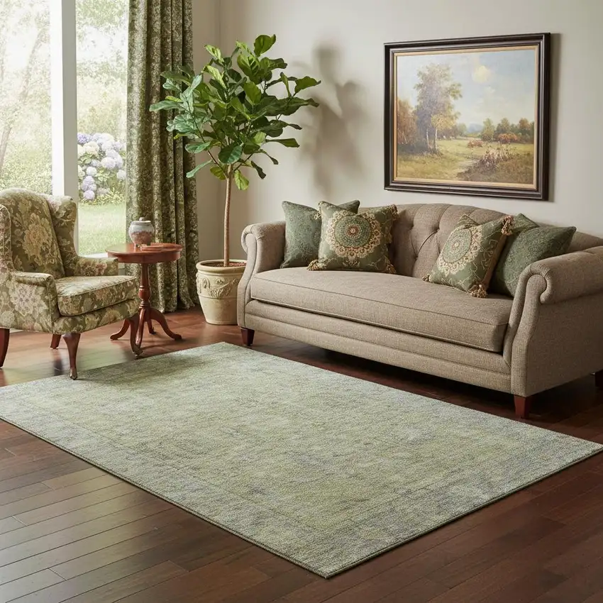 Artichoke Green And Gray Oriental Washable Area Rug With UV Protection Photo 2