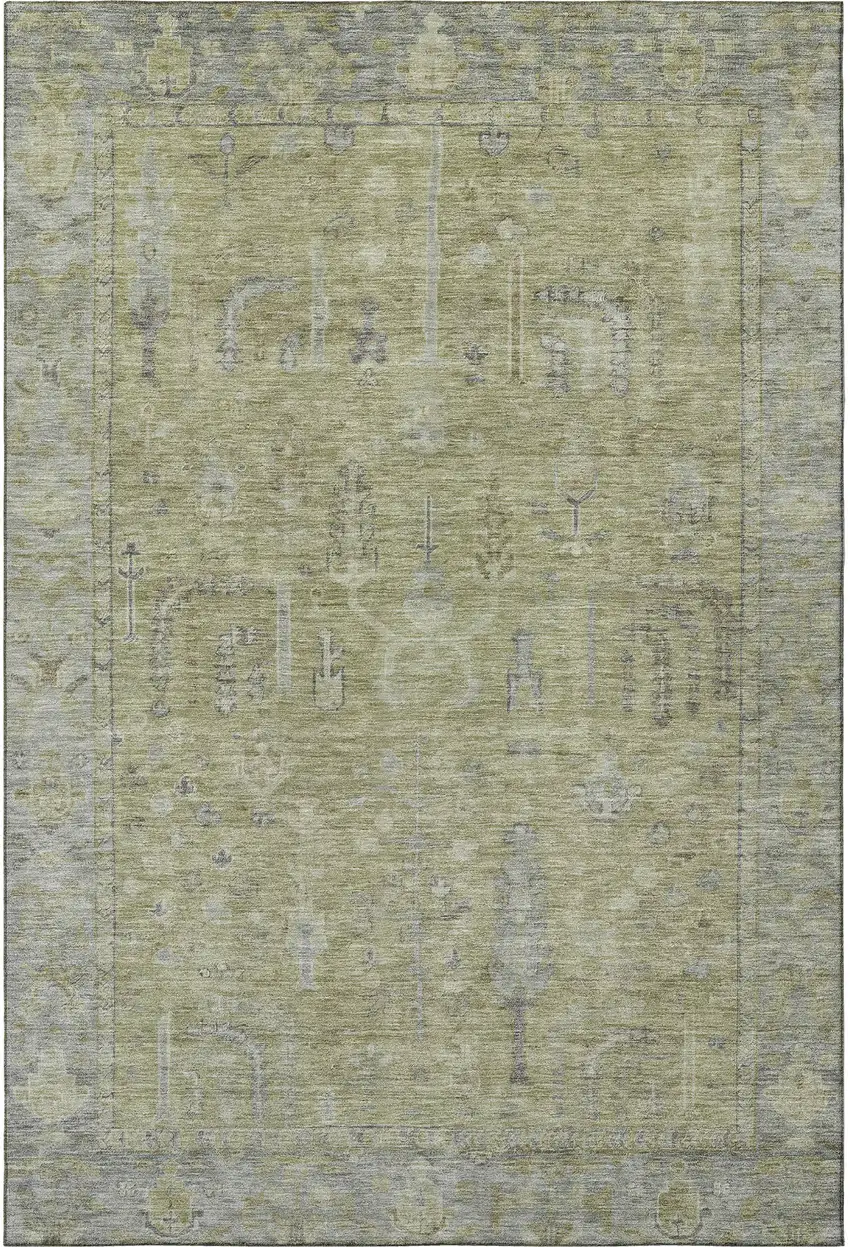 Artichoke Green And Gray Oriental Washable Area Rug With UV Protection Photo 3