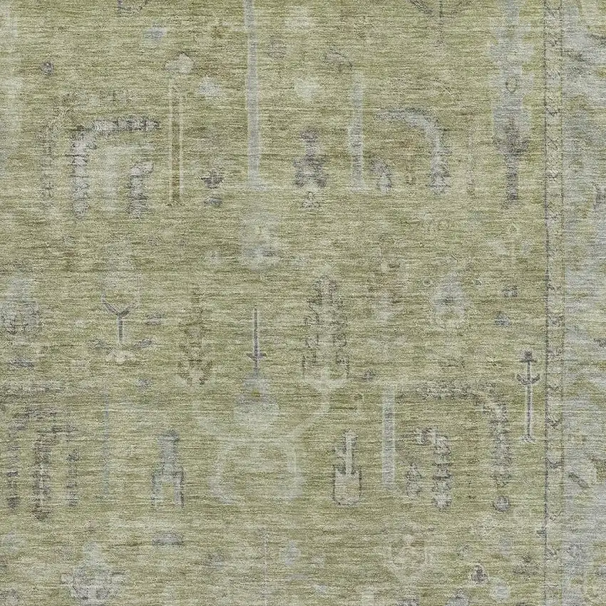Artichoke Green And Gray Oriental Washable Area Rug With UV Protection Photo 2