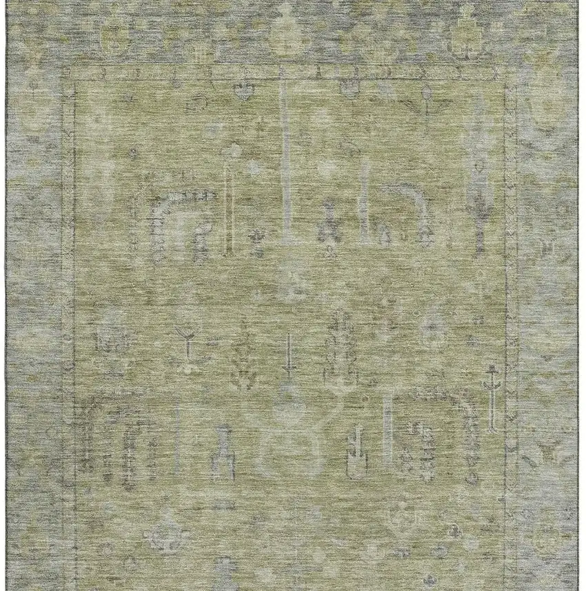 Artichoke Green And Gray Oriental Washable Area Rug With UV Protection Photo 3