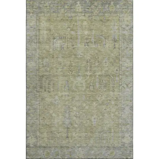 Artichoke Green And Gray Oriental Washable Area Rug With UV Protection Photo 1