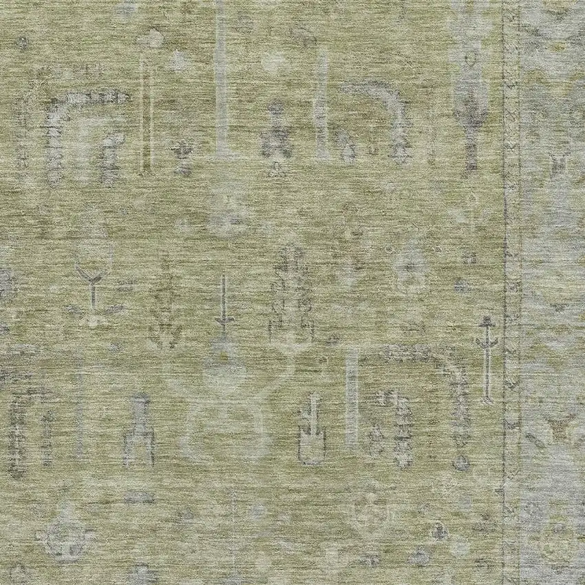 Artichoke Green And Gray Oriental Washable Area Rug With UV Protection Photo 2