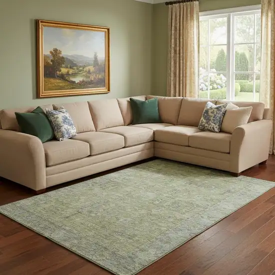 Artichoke Green And Gray Oriental Washable Area Rug With UV Protection Photo 2