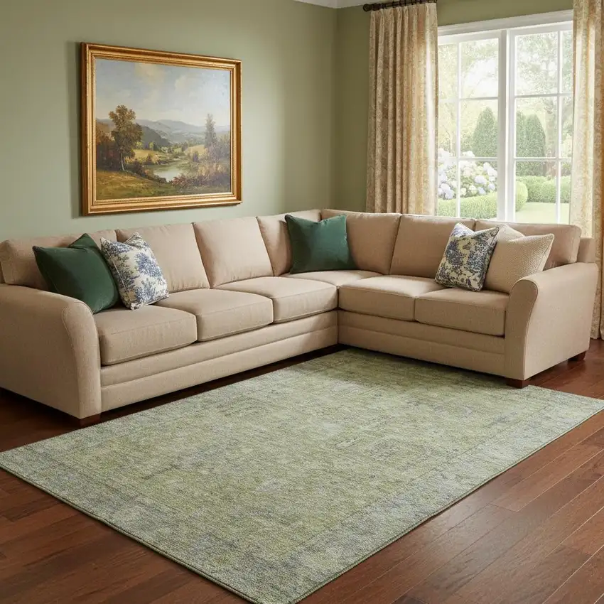 Artichoke Green And Gray Oriental Washable Area Rug With UV Protection Photo 2