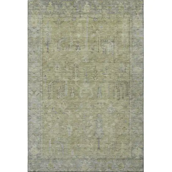 Artichoke Green And Gray Oriental Washable Area Rug With UV Protection Photo 3
