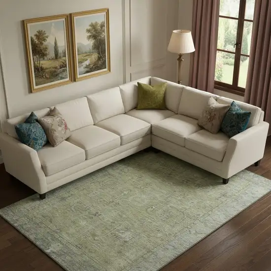 Artichoke Green And Gray Oriental Washable Area Rug With UV Protection Photo 2