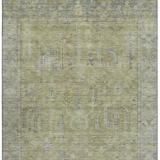 Artichoke Green And Gray Oriental Washable Area Rug With UV Protection Photo 2