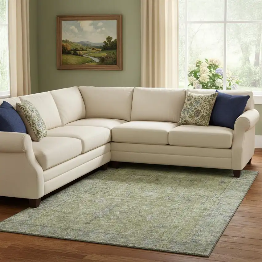 Artichoke Green And Gray Oriental Washable Area Rug With UV Protection Photo 2