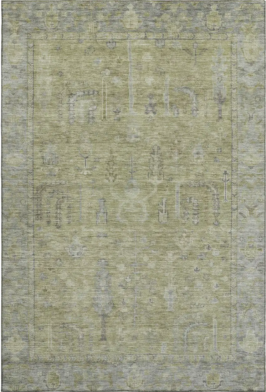 Artichoke Green And Gray Oriental Washable Area Rug With UV Protection Photo 1