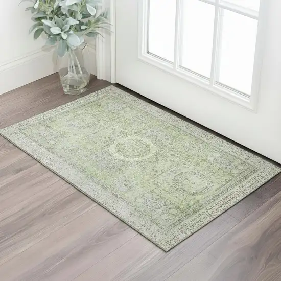 Artichoke Green And Gray Oriental Washable Area Rug With UV Protection Photo 2