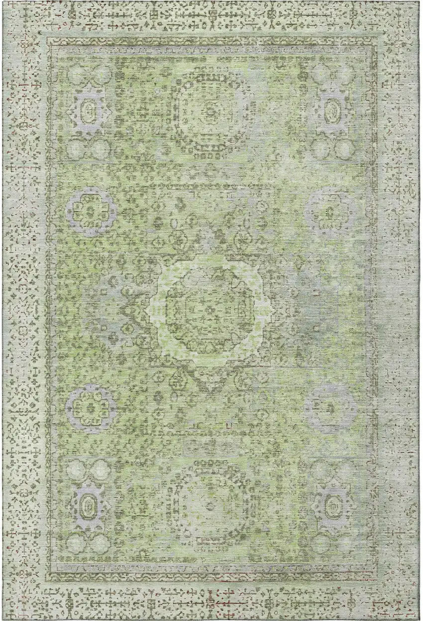 Artichoke Green And Gray Oriental Washable Area Rug With UV Protection Photo 3