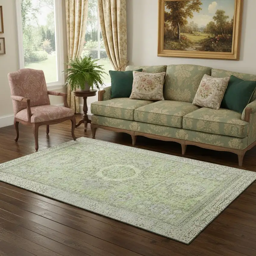 Artichoke Green And Gray Oriental Washable Area Rug With UV Protection Photo 2