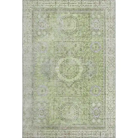 Artichoke Green And Gray Oriental Washable Area Rug With UV Protection Photo 1