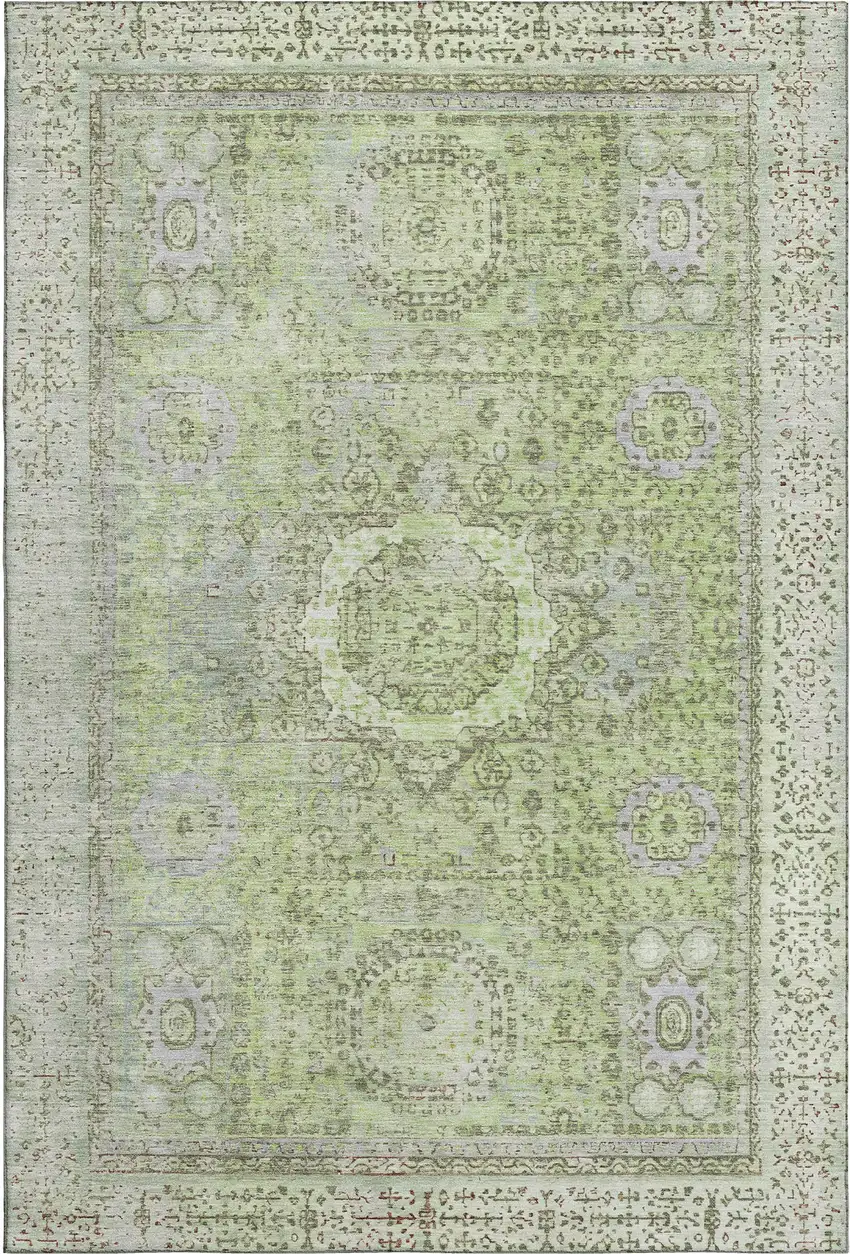 Artichoke Green And Gray Oriental Washable Area Rug With UV Protection Photo 1