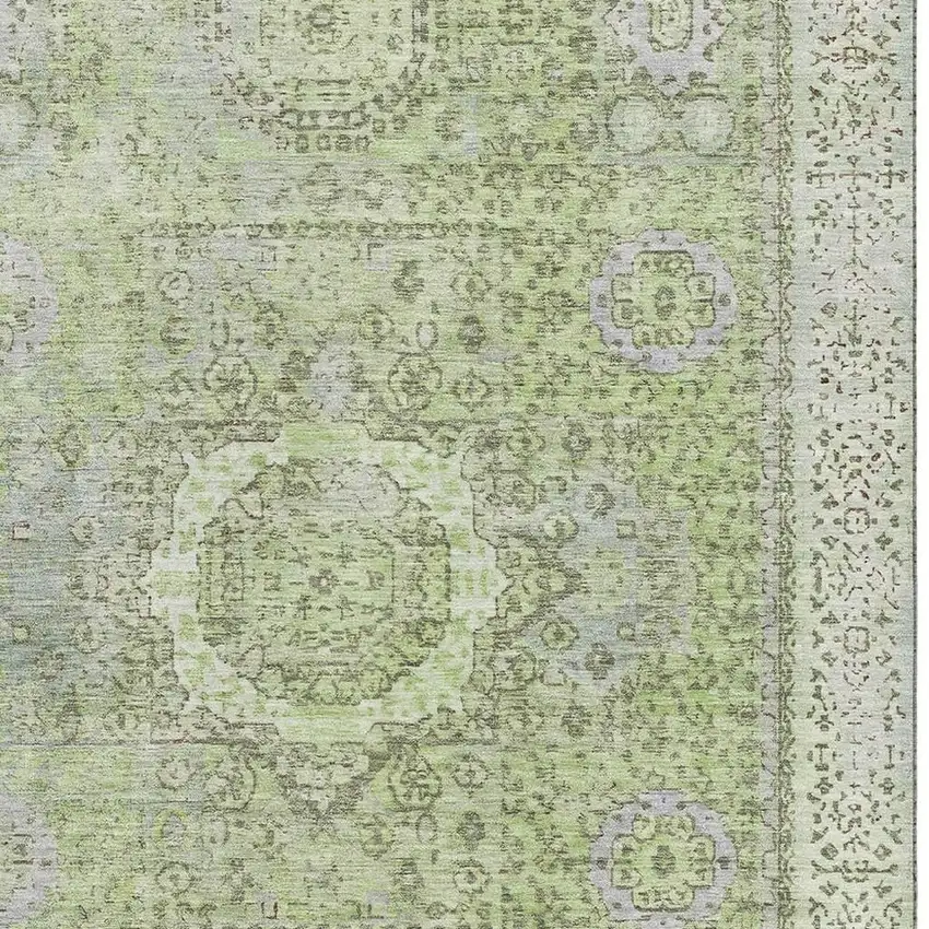 Artichoke Green And Gray Oriental Washable Area Rug With UV Protection Photo 2