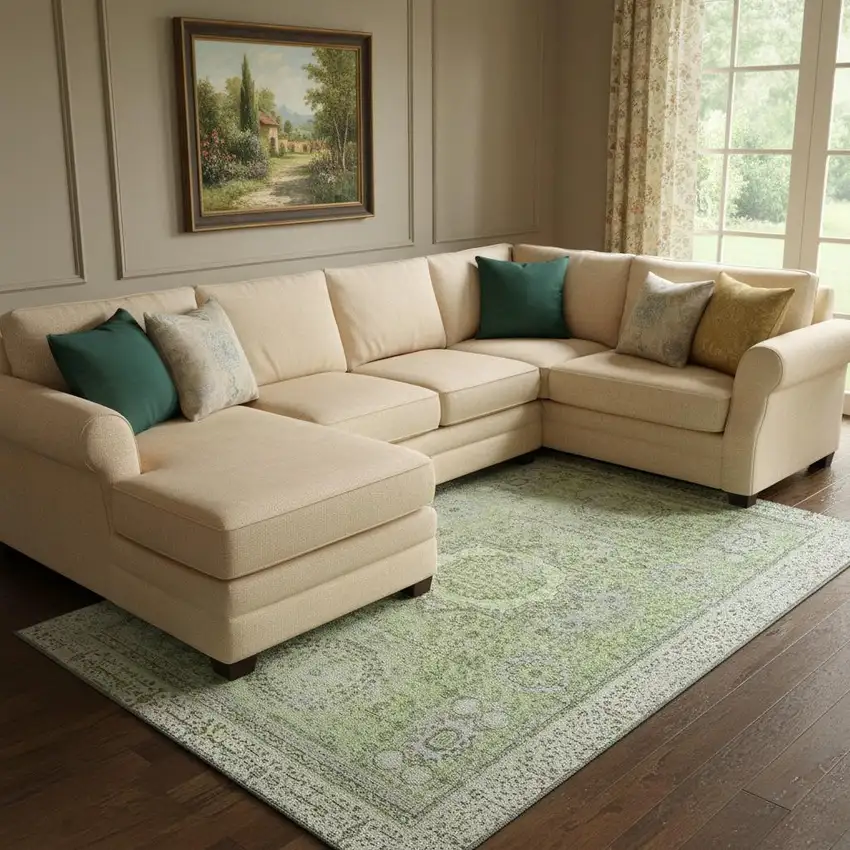 Artichoke Green And Gray Oriental Washable Area Rug With UV Protection Photo 2