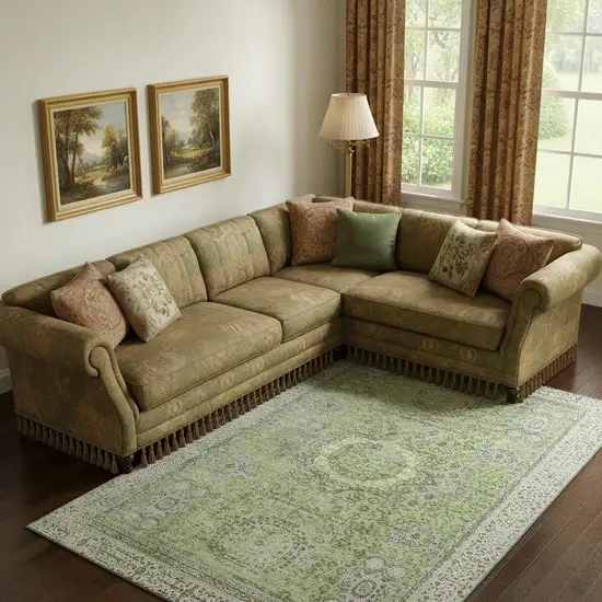 Artichoke Green And Gray Oriental Washable Area Rug With UV Protection Photo 2