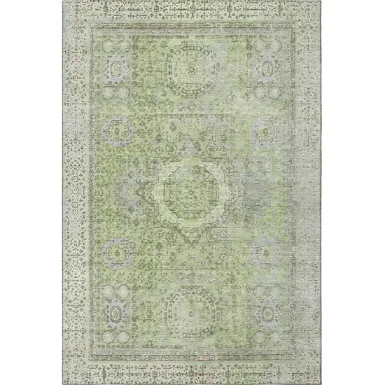 Artichoke Green And Gray Oriental Washable Area Rug With UV Protection Photo 4