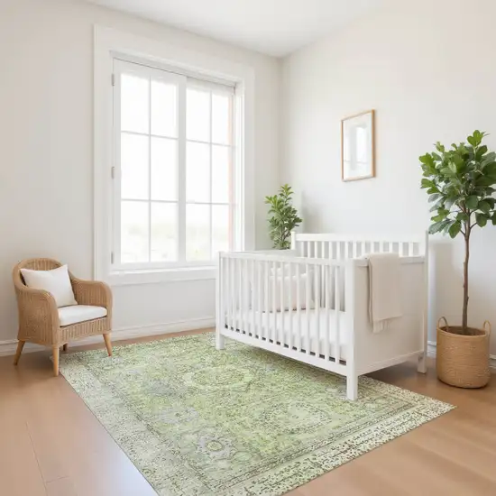 Artichoke Green And Gray Oriental Washable Area Rug With UV Protection Photo 5