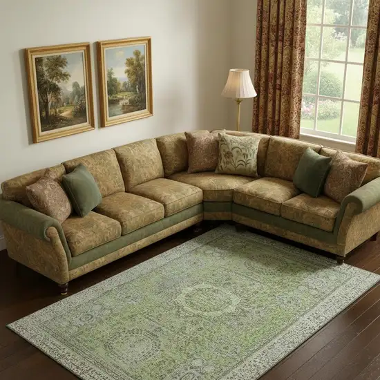 Artichoke Green And Gray Oriental Washable Area Rug With UV Protection Photo 2