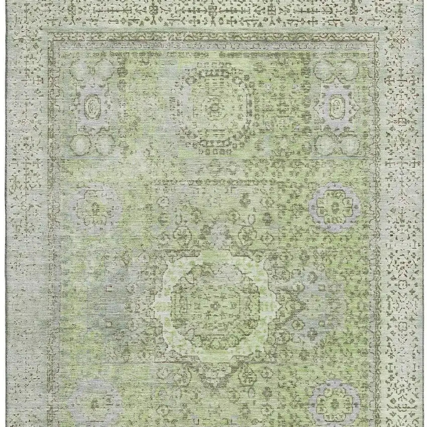 Artichoke Green And Gray Oriental Washable Area Rug With UV Protection Photo 3