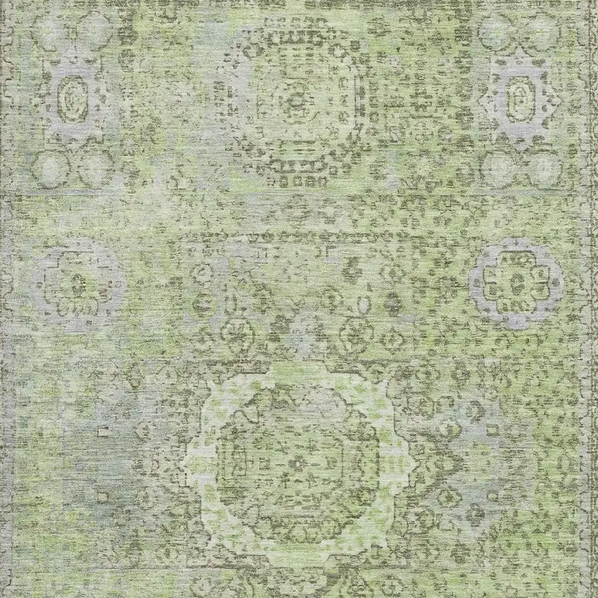 Artichoke Green And Gray Oriental Washable Area Rug With UV Protection Photo 2