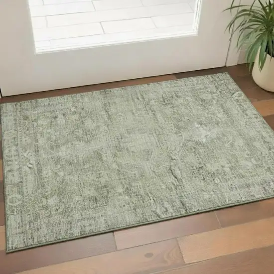 Artichoke Green And Gray Oriental Washable Area Rug With UV Protection Photo 2