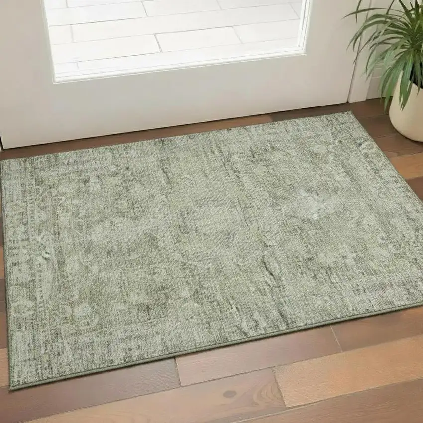 Artichoke Green And Gray Oriental Washable Area Rug With UV Protection Photo 2