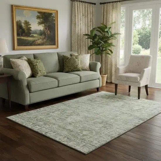 Artichoke Green And Gray Oriental Washable Area Rug With UV Protection Photo 2