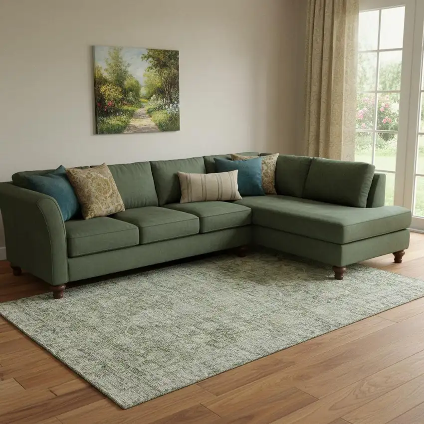 Artichoke Green And Gray Oriental Washable Area Rug With UV Protection Photo 2