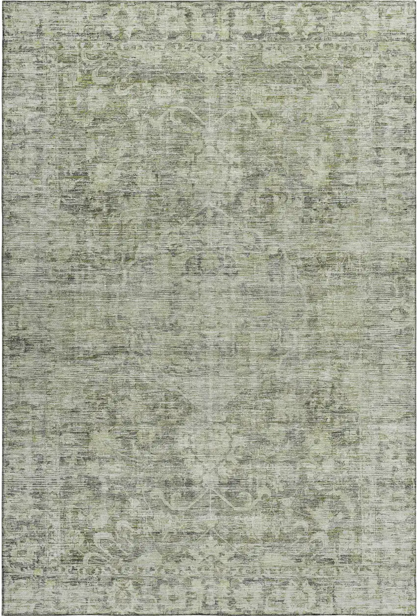 Artichoke Green And Gray Oriental Washable Area Rug With UV Protection Photo 1