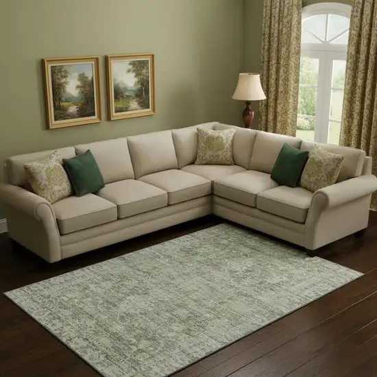 Artichoke Green And Gray Oriental Washable Area Rug With UV Protection Photo 2