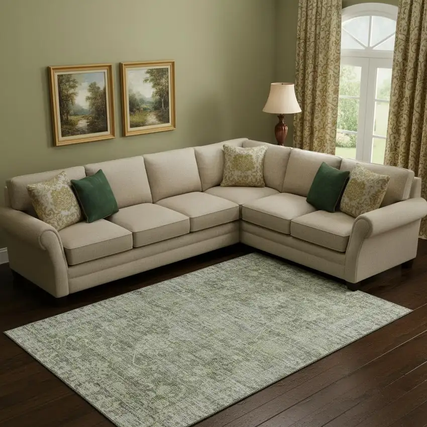 Artichoke Green And Gray Oriental Washable Area Rug With UV Protection Photo 2