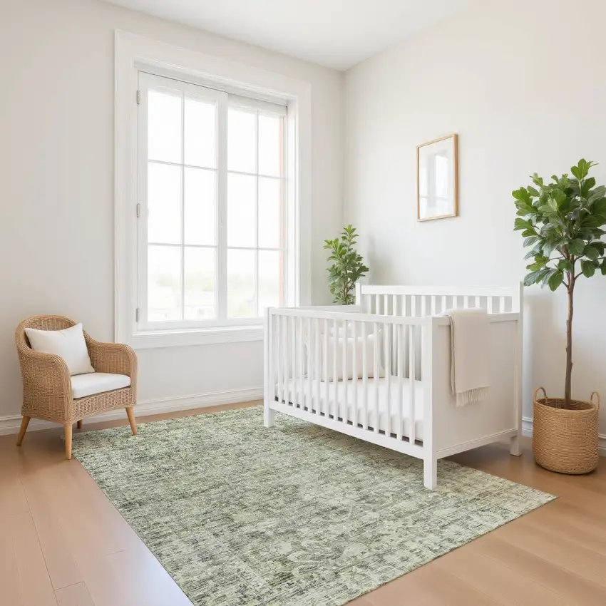 Artichoke Green And Gray Oriental Washable Area Rug With UV Protection Photo 5