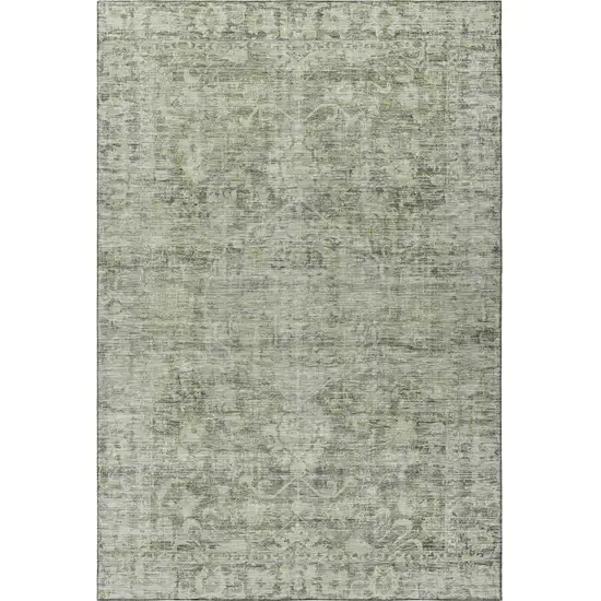 Artichoke Green And Gray Oriental Washable Area Rug With UV Protection Photo 3