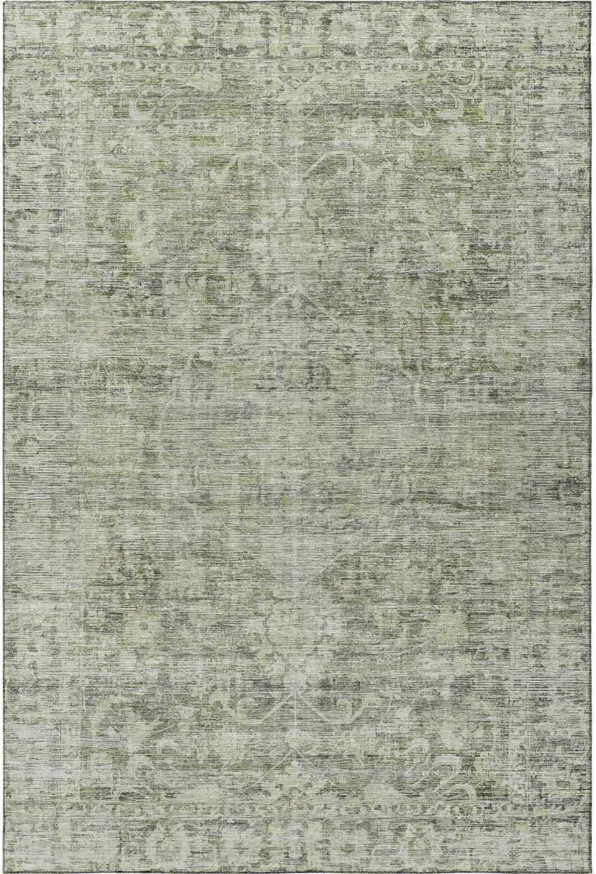 Artichoke Green And Gray Oriental Washable Area Rug With UV Protection Photo 3
