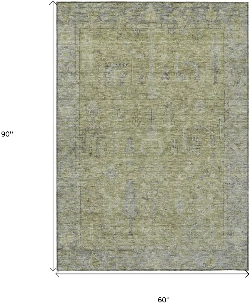 Artichoke Green And Gray Oriental Washable Indoor Outdoor Area Rug Photo 7