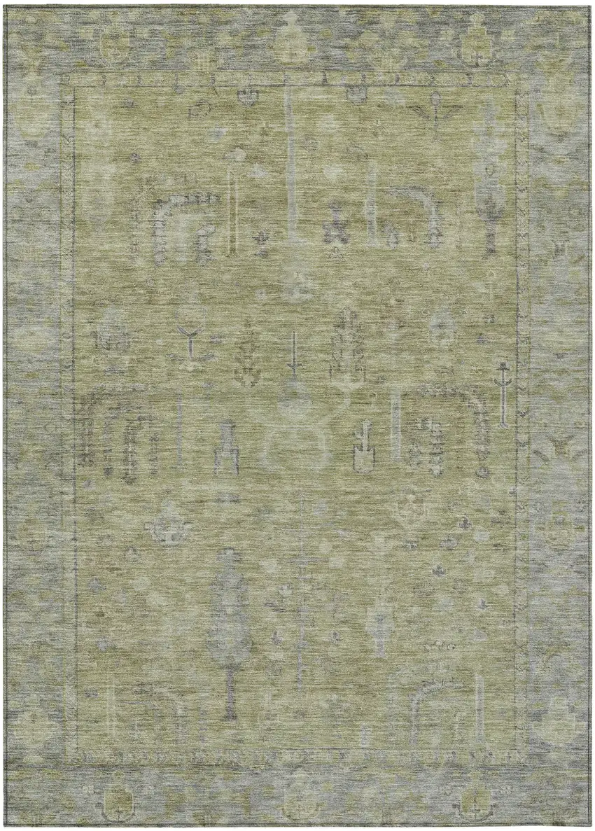Artichoke Green And Gray Oriental Washable Indoor Outdoor Area Rug Photo 2