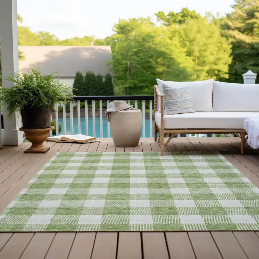 Artichoke Green And Gray Plaid Washable Indoor Outdoor Area Rug Photo 9