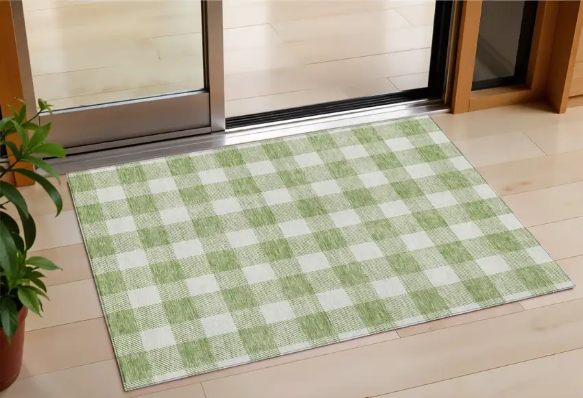 Artichoke Green And Gray Plaid Washable Indoor Outdoor Area Rug Photo 1