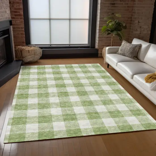 Artichoke Green And Gray Plaid Washable Indoor Outdoor Area Rug Photo 9