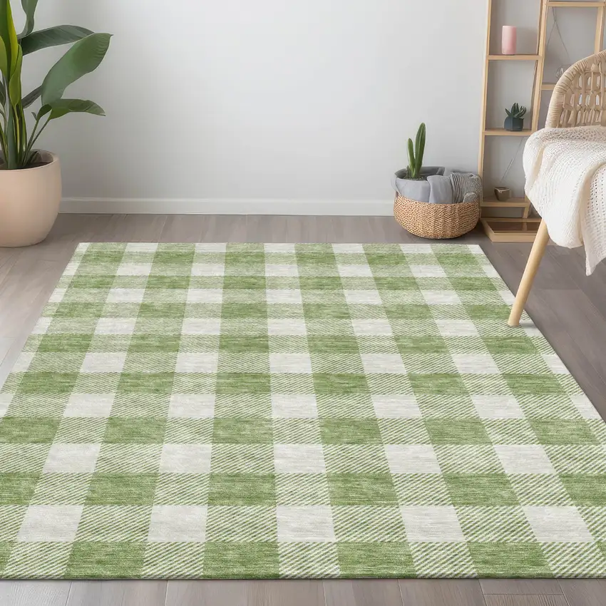 Artichoke Green And Gray Plaid Washable Indoor Outdoor Area Rug Photo 9