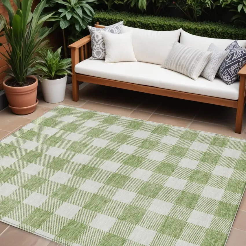 Artichoke Green And Gray Plaid Washable Indoor Outdoor Area Rug Photo 1