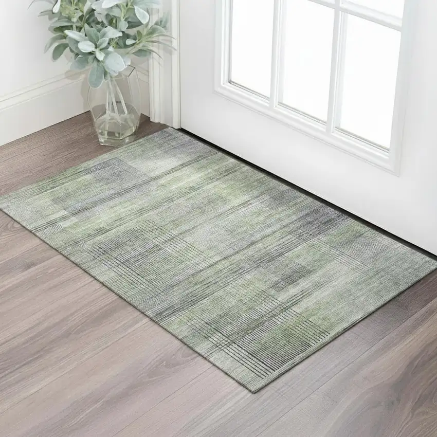 Artichoke Green And Gray Striped Washable Area Rug With UV Protection Photo 1