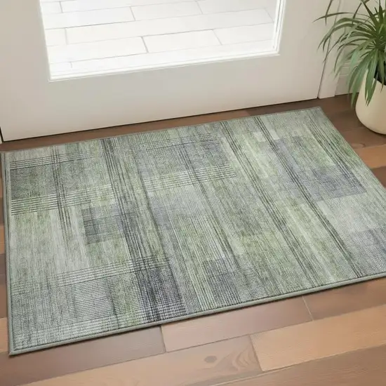 Artichoke Green And Gray Striped Washable Area Rug With UV Protection Photo 2