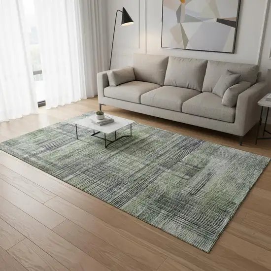 Artichoke Green And Gray Striped Washable Area Rug With UV Protection Photo 2