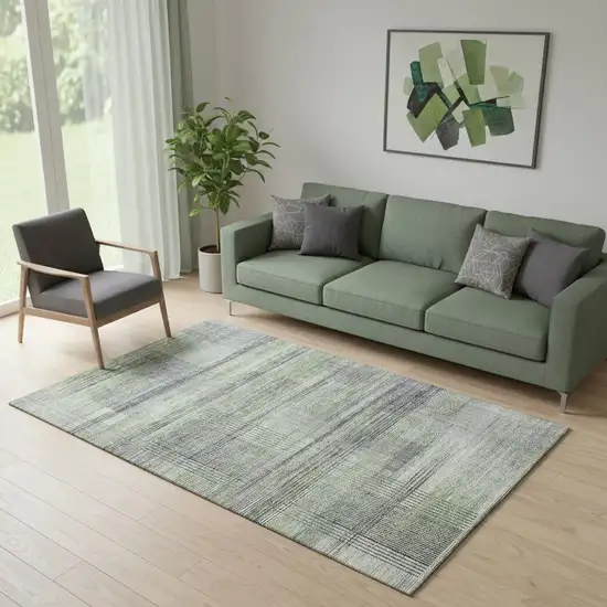 Artichoke Green And Gray Striped Washable Area Rug With UV Protection Photo 1