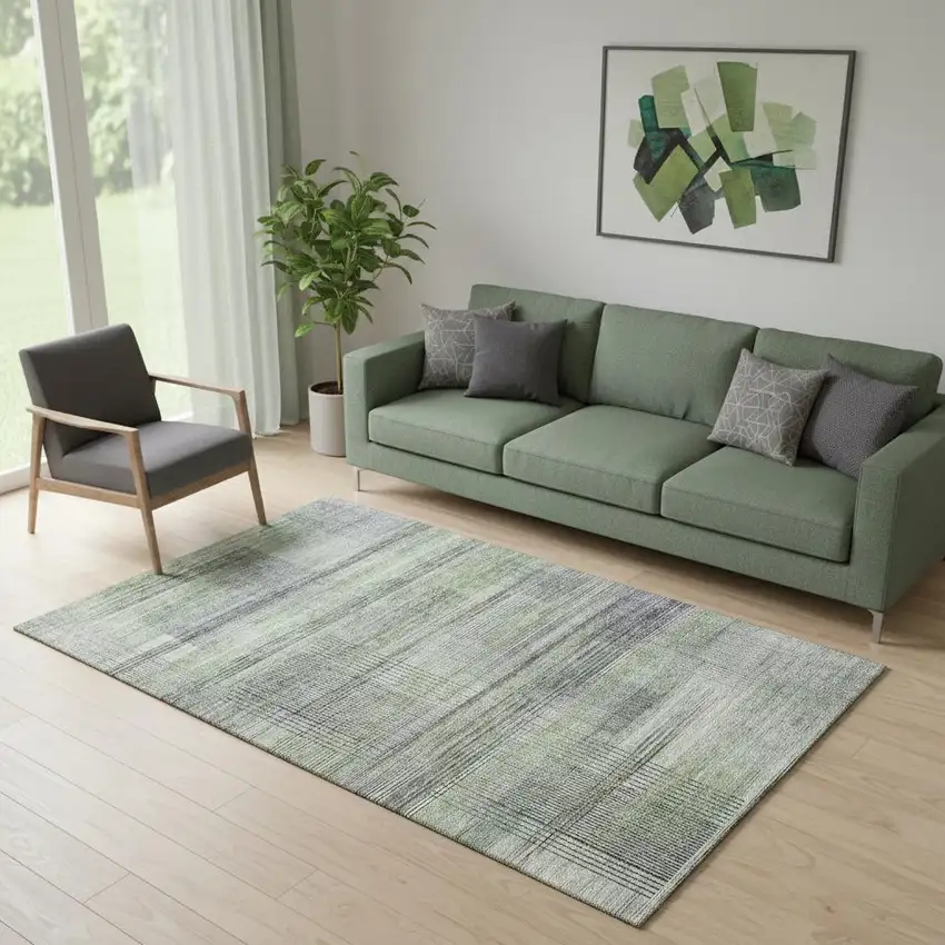 Artichoke Green And Gray Striped Washable Area Rug With UV Protection Photo 1