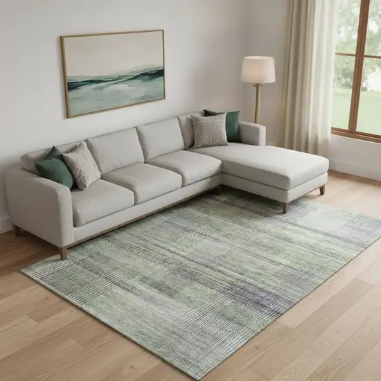 Artichoke Green And Gray Striped Washable Area Rug With UV Protection Photo 3